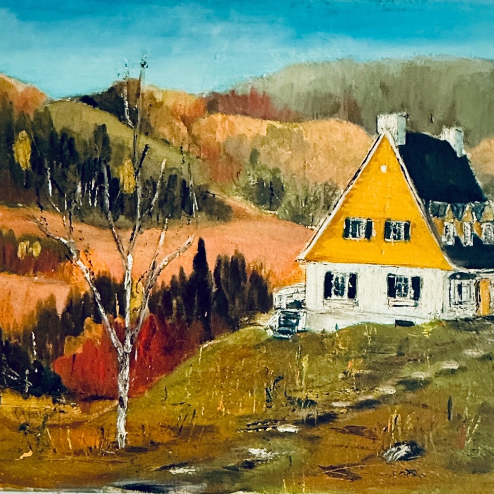 Scenic Yellow Roof Cottage Landscape Oil Painting